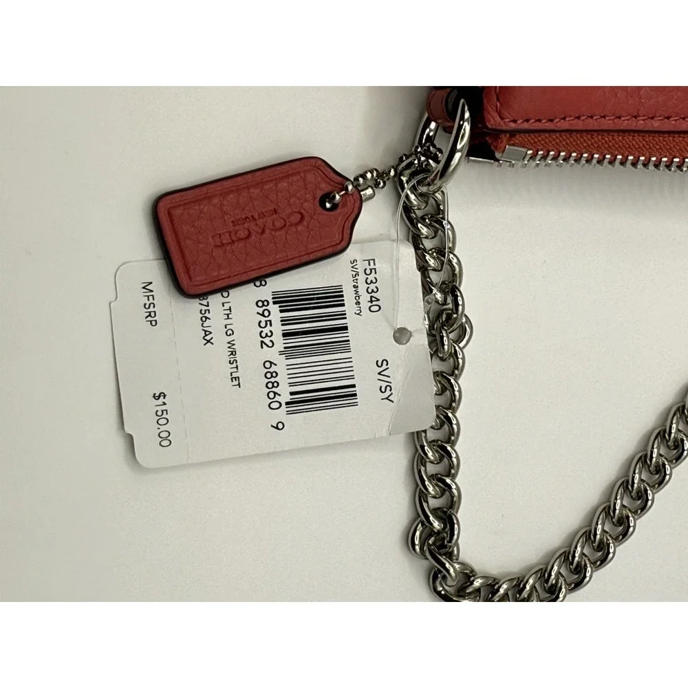 Coach Large Wristlet Women OS Strawberry Pink Pebbled Leather Chain F53340 NWT